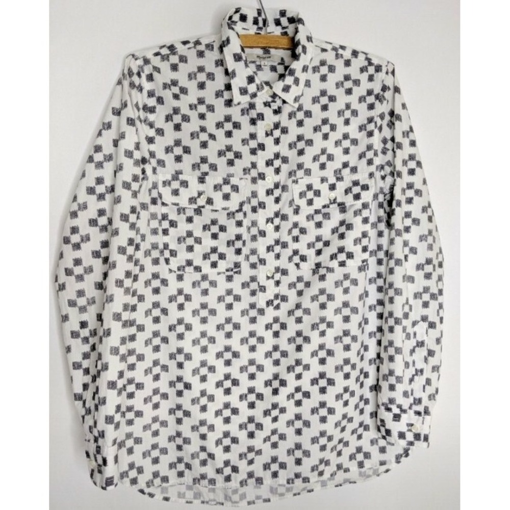 Madewell Half Button Top cotton long sleeve White Two Pocket Checkered sz Small